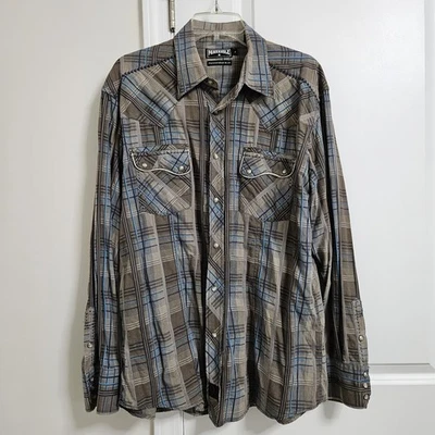 Panhandle Slim Pearl Snap Shirt Men's L Blue Tan Plaid Long Sleeve Western EUC  - Image 1 of 4