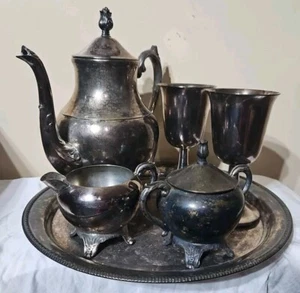 Juego de té cafetera 6 piezas enchapado en plata FB Rogers de colección olla, crema, azúcar, plato, tazas - Imagen 1 de 9