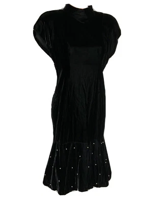 Taurus Vintage Black Velvet Dress Fitted Sz 9 Pearls  Decoration Mesh Underskirt - Image 1 of 4