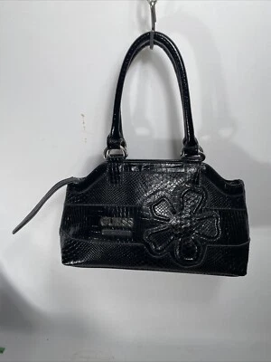 Guess Black Patent Alligator Croc Print Flower Large Satchel Shoulder Tote Bag - Image 1 of 4