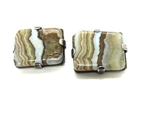 Rare! Estate Vintage Sterling Silver Shirt Cufflinks Brown Tan White Band Agate - Picture 1 of 2