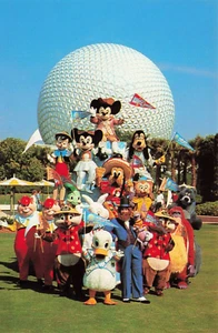 Postcard Mickey, Minnie, & Disney Gang pose in front of Epcot's Spaceship Earth - Picture 1 of 2