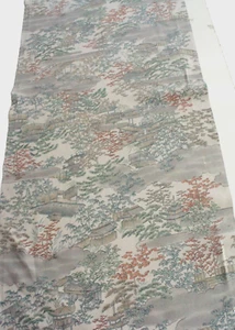Vintage Japanese Kimono Silk Fabric, light gray crepe with Garden 100CM(39") - Picture 1 of 9