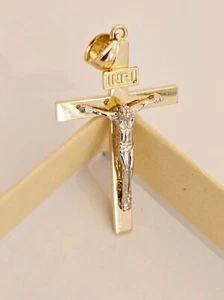 14K Solid 2 Tone Gold Crucifix Cross Religious INRI Pendant Necklace - Picture 1 of 7
