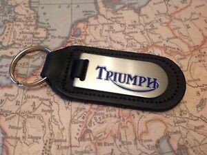 TRIUMPH WHITE PRINTED BLACK LEATHER KEY RING FOB  OBLONG MOTOR BIKE CYCLE