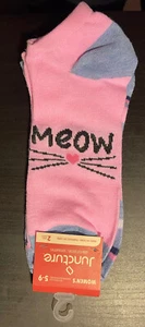 Greenbrier Brand: 2 Pair Of Low Cut Womens Socks Meow & Stripes *NEW* Cat Pink - Picture 1 of 2