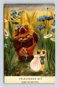 Postcard Sweden Fairy Troll & Children Valkommen Hit Glad To See You Fantasy AN3 - Picture 1 of 2