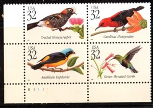 Briefmarken USA: 1998 POSTFRISCH 32c Tropical Birds Pl# 4er Block. #3225a (#3222-3225) - Bild 1 von 1