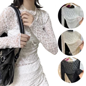 Fashion Women Round Neck Sexy Sheer Crochet Lace Long Sleeve Slim Fit Inner Top - Picture 1 of 15