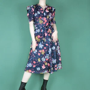 VINTAGE 70s 80s Blue Floral Flare Knee Retro Midi cottagecore Dress Medium 12 14 - Picture 1 of 10