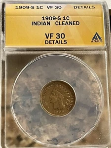 1909-S Indian Head Cent VF30 ANACS graded hard to find semi-key date (#207) - Picture 1 of 2