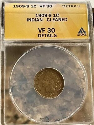 1909-S Indian Head Cent VF30 ANACS graded hard to find semi-key date (#207) - Image 1 of 2