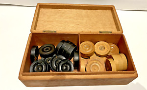 vintage hardwood draughts in wooden box,