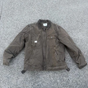 VTG American Eagle Mens Coat Jacket Faux Fur Collar Khaki Full Zip Sz L Chore Y2 - Picture 1 of 7