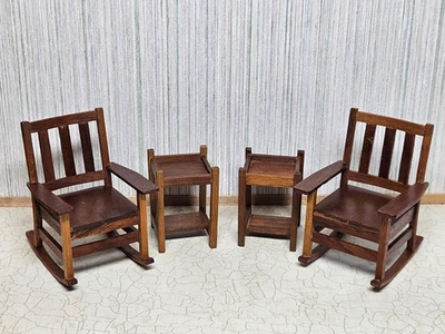 1:12 Scale Handmade Pair of Mission Rocking Chairs and Side Tables - Image 1 of 4