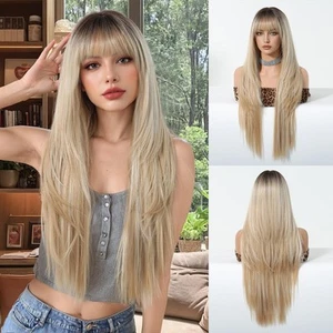 Ombre Blonde Synthetic Wig with Bangs Glueless Long Straight Layered Wigs for... - Picture 1 of 6