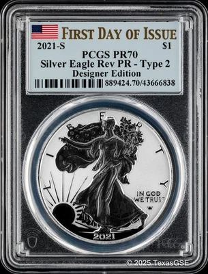 2021-S $1 American Silver Eagle Reverse Proof Type 2 PCGS PR70 FD - Blue Flag - Image 1 of 2