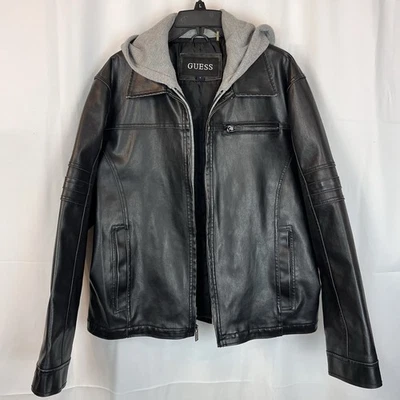 Chaqueta de moto GUESS grande de cuero sintético negro con capucha gris capucha extraíble Foto 1 de 4