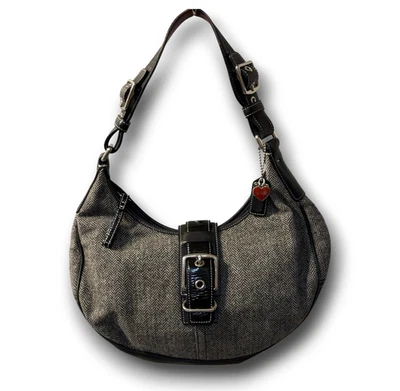 Vintage COACH Purse Black & Gray Herringbone Tweed Leather Bag 1407 Hobo Y2K - Image 1 of 4