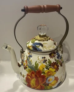 Mackenzie Childs White Flower Market Teapot Enamel Crystal Knob Wood Handle READ - Picture 1 of 24