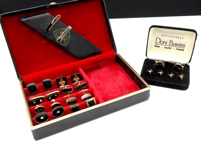 Men’s Jewelry Lot Cufflinks Tie Bars Vintage Gold Black Enamel Doni Barassi Box - Image 1 of 4
