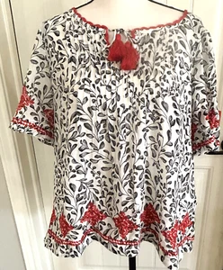 Top Campesino J. Jill Blanco y Negro Rojo Acentos Bordados Talla Pequeña ¡Verano! - Imagen 1 de 10