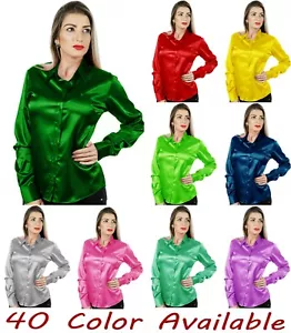 Women Satin Long Sleeve Shirt Button Down Shirt Solid Collared Blouse Solid Top - Picture 1 of 38