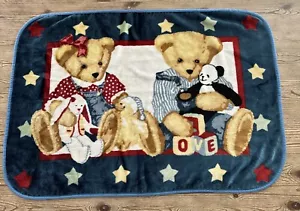 Vintage Blue Jean Teddybär Junge Mädchen Plüsch Fleece Baby Krippe Decke Liebe Sterne - Bild 1 von 6