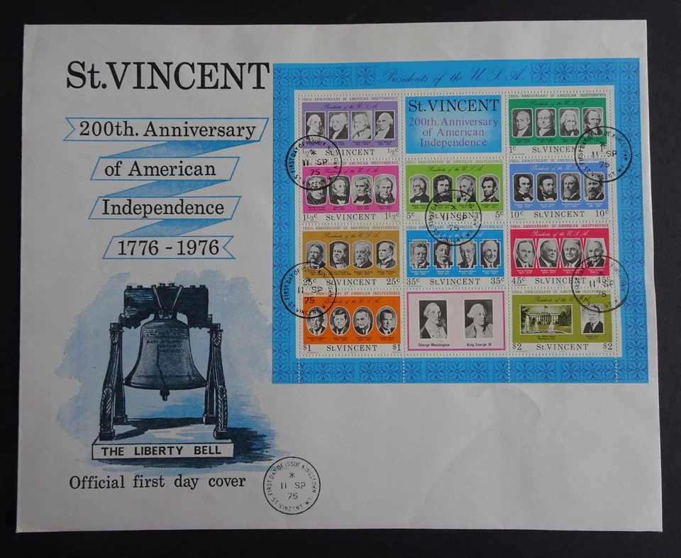 San Vicente Aniversario de la Independencia Americana Grande FDC con fecha 1975 Foto 1 de 1