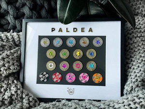 Brushed-Metal Black Framed 18 Gym Badges Paldea Scarlet Violet Pokemon Game Pin - Picture 1 of 13