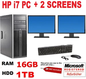 HP 8200 i7 COMPUTER PC 2 X 22" DELL TFT DUAL SCREEN 16GB 1TB WINDOWS 10 OR 7 - Picture 1 of 4