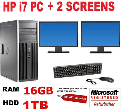 HP 8200  i7 COMPUTER PC  2 X 22"  DELL TFT DUAL SCREEN 16GB  1TB WINDOWS 10 OR 7 - Image 1 of 4