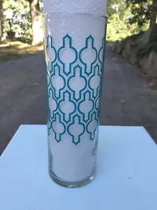 Jarrón cilindro de vidrio de patrón geométrico azul de mediados de siglo estilo moderno 10"" de alto - Imagen 1 de 12