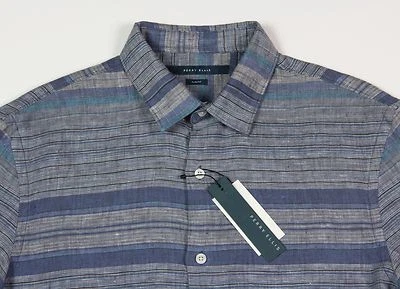 Men's PERRY ELLIS Linen Blue Gray Stripe Short Sleeve S/S Shirt L NWT NEW - Image 1 of 4