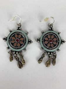 Embossed Enamel Flower Pierced Earrings Blue & Pink - Picture 1 of 6