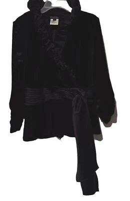 Chaqueta Top de Terciopelo Tadashi Shoji Volantes Cuello Satinado Corbata Acanalada Negra Para Mujer Talla XS Foto 1 de 4