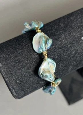 Handmade Artisan Wire Wrapped Blue Abalone Shell Bead 8” Bracelet Brass Clasp - Image 1 of 4
