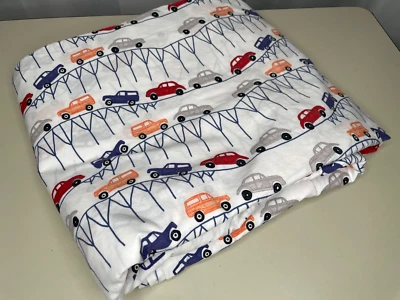 Pottery Barn Kids Twin Flat Sheet Blue Red Cars Bridge Cars Vehicles Traffic PBK - Image 1 of 4