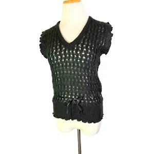 Vintage Wrangler Size S Black Crochet Knit Vest Ribbon Tie Waist - Picture 1 of 10