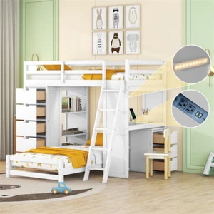  Twin over Twin Bunk Bed with Desk ,8 Drawers & Storage Shelves for Kids Bedroom - Picture 1 of 22