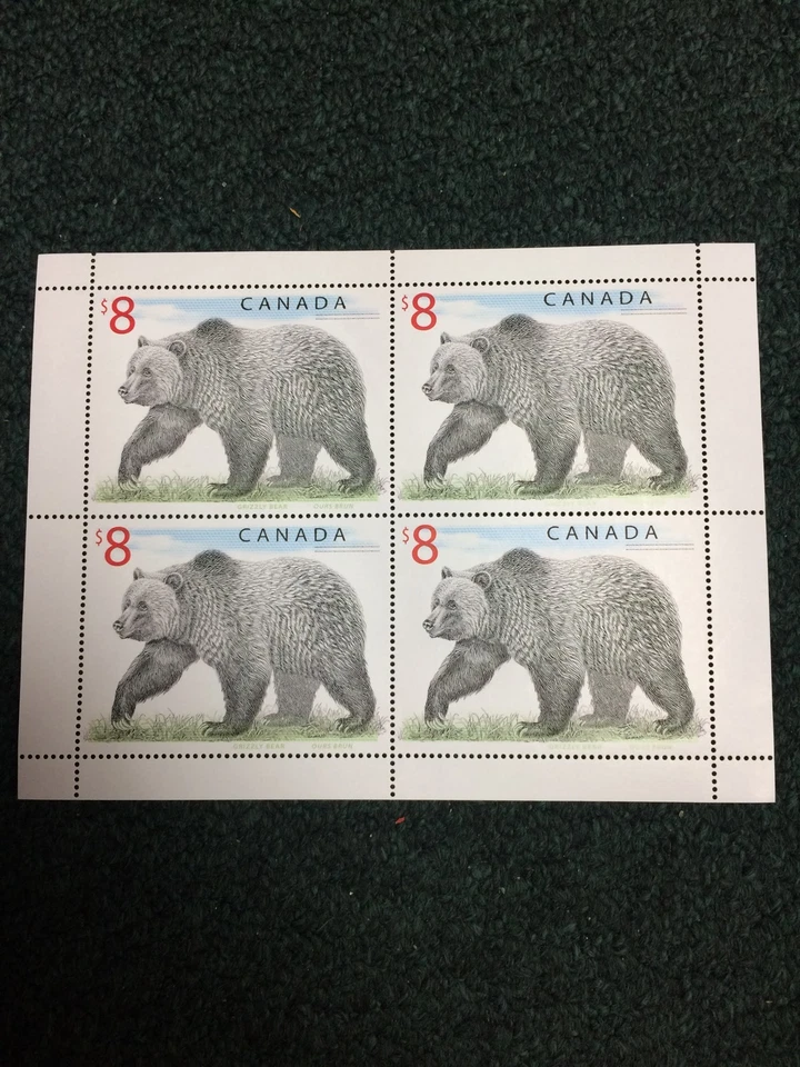 $8.00 Grizzley Bear Mini Sheet Of 4.  Mint NH - Image 1 of 1