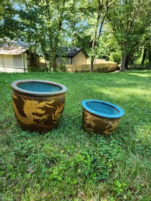 Earthenware Chinese  Dragon Planter Pots Circa 1900. Redware  Yellow,brown Blue - Image 1 of 4