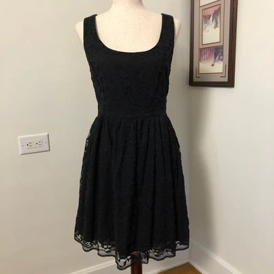 Aqua Black Lace Fit Flare Mini Dress Lined Made USA L Whimsigoth Holiday Party - Image 1 of 4