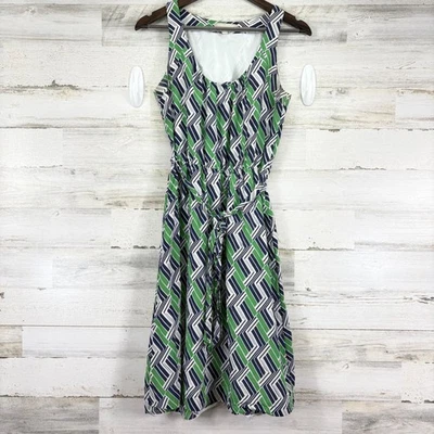 Banana Republic Modern Fit Silk Dress Green Navy Geometric Lined Size 6 - Image 1 of 4