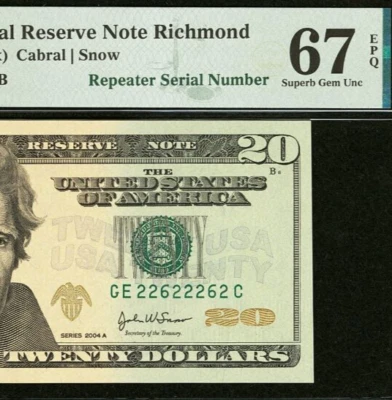 2004 $20 Federal Reserve Note PMG 67EPQ - Repeater Serial Number 22622262 - Image 1 of 3
