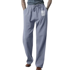 Men's Loose Casual Solid Color Cotton Linen Trousers Elastic Tie Printed - Picture 1 of 33