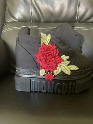 Mujer Zapato Deslumbramiento Hermoso Negro Zapatos Talla 38 ¡Precioso! cuñas florecidas Foto 1 de 4