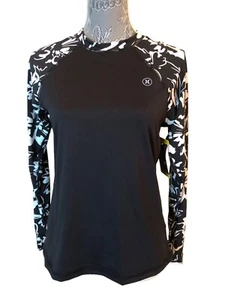 NEW Hurley Womens Black & White Floral Rashguard Shirt Size Medium UPF 50 - Picture 1 of 4