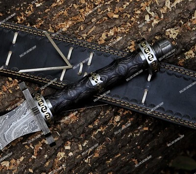 Espada medieval/vikinga de acero Damasco totalmente forjada a mano con funda de cuero. Foto 1 de 4
