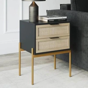 Nathan James End/Side Table 19" W, Black Rattan W/ Storage Doors Gold Accents - Picture 1 of 8